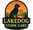 Logo of LakeDog Stone Care featuring a black dog sitting in front of a lake and sunset, representing professional stone care in the Lake Norman, NC area.