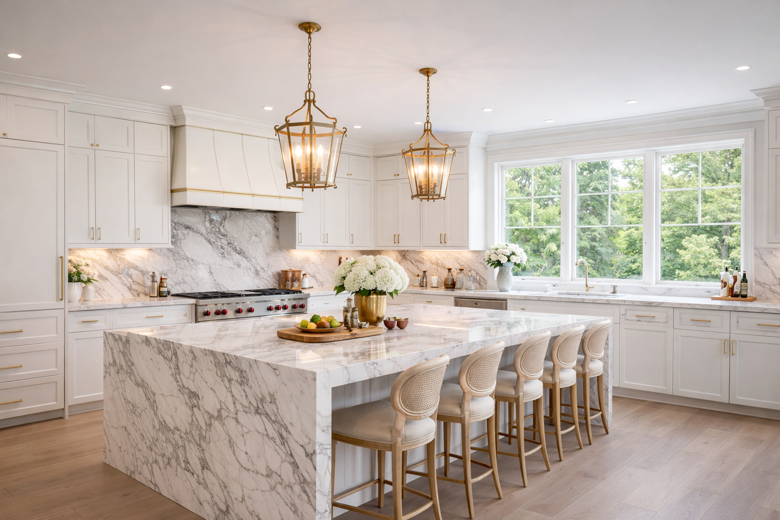 Luxury marble kitchen countertop and waterfall island in a bright high-end home, ideal for professional marble polishing and MORE AntiEtch protection by Sureshine.